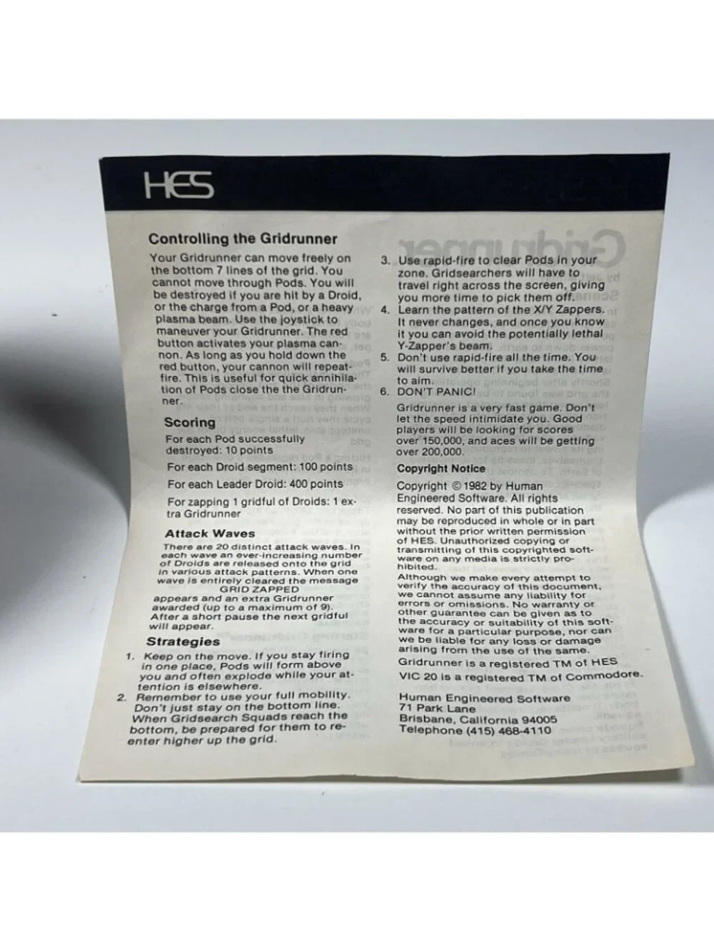 Vintage VIC-20 Gridrunner HES C312 Jeff Minter Cartridge w/ Instruction Sheet